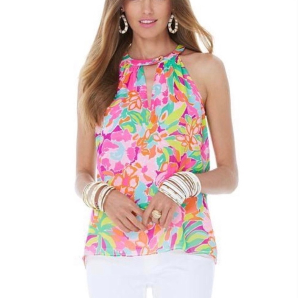 Lilly Pulitzer Lulu Flamingo Rogan Silk Halter Top